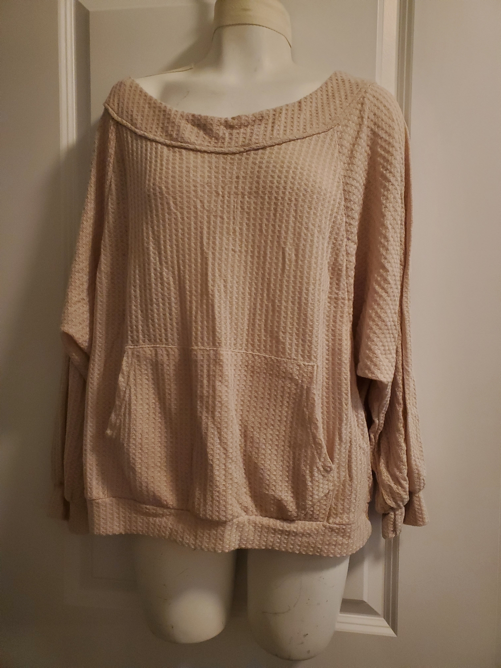 Off-the-Shoulder Waffle Knit Sweater - Light Blush